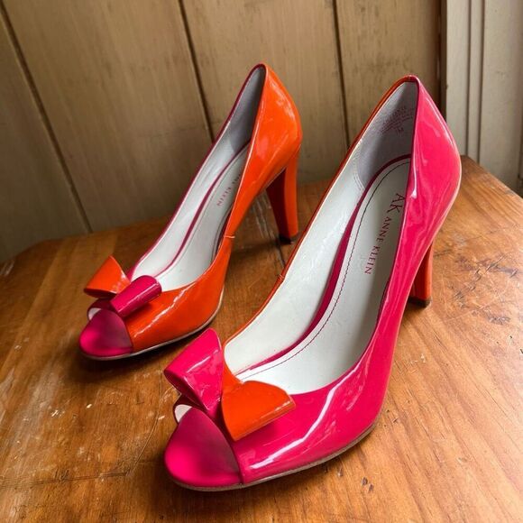 Anne Klein Foxie Pink Orange Patent Bow Heels SZ 7 Peep Toe Pumps - Picture 10 of 12